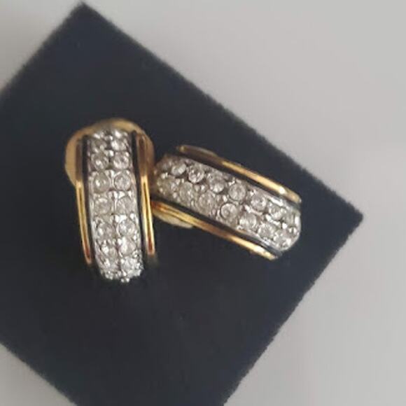 VTG Swarovski Half Hoop Earrings Black Enamel Accents Swan Signed 80's Clip On - Picture 1 of 6